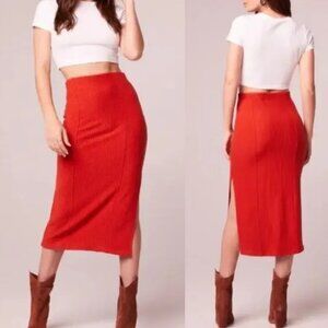 Band of the Free Collective Renee Rust Ribbed Pencil Skirt Red